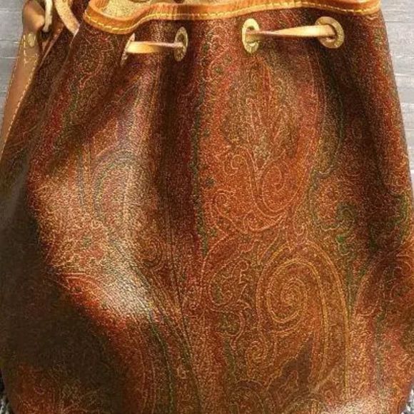 ETRO Milano Red Paisley Vachetta Leather Drawstring Bucket Shoulder Bag - Picture 3 of 16